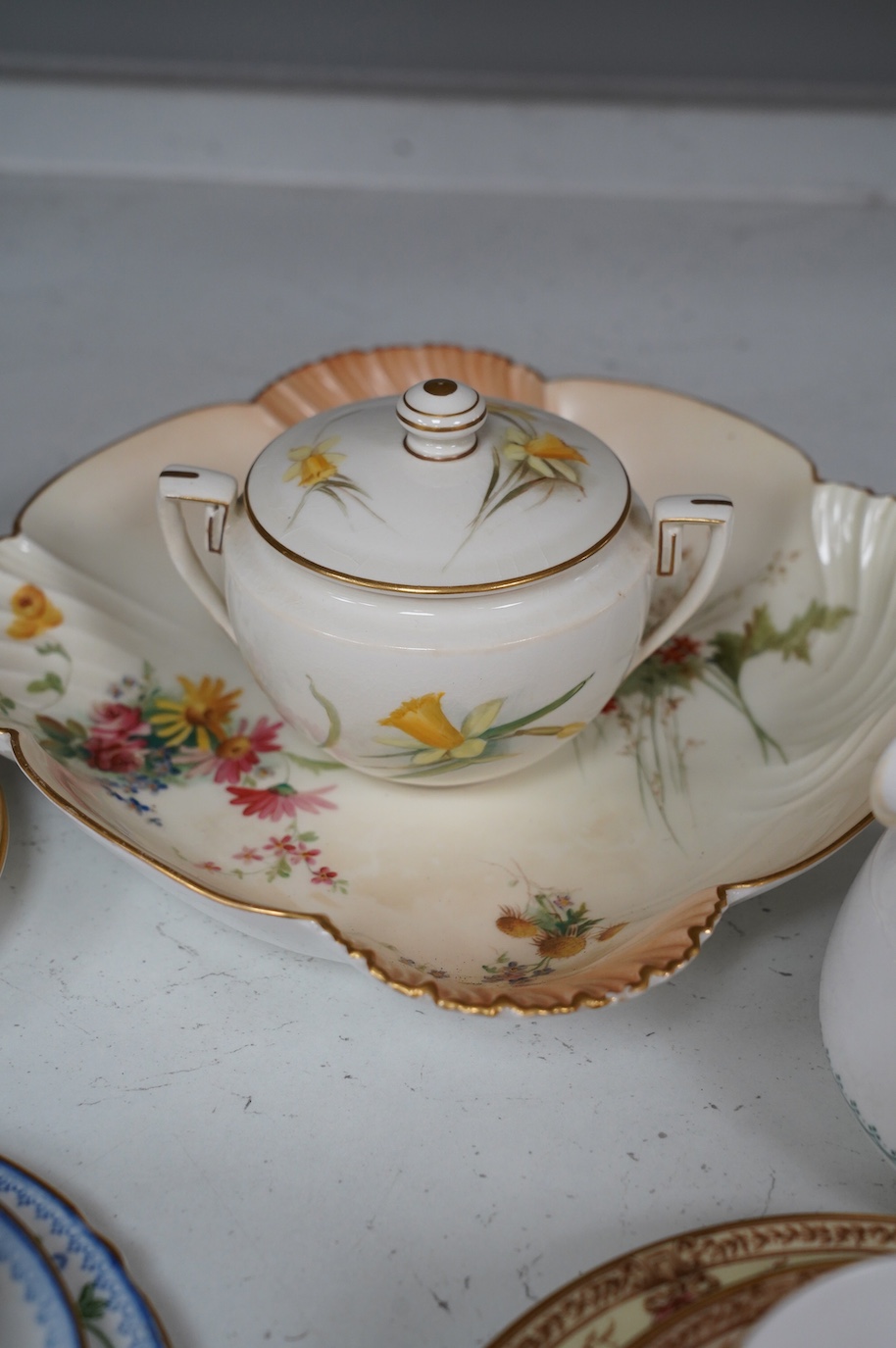 Miscellaneous Royal Worcester tableware including a bowl and a figural cover. Condition - mostly good